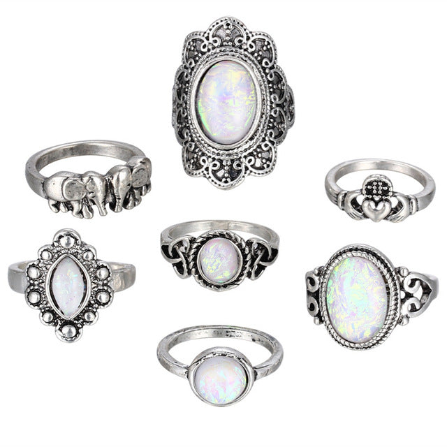 Geometric Pattern Big Knuckle Flower  Opal Rings Set