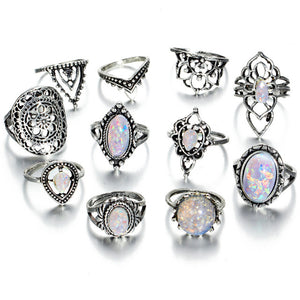 Geometric Pattern Big Knuckle Flower  Opal Rings Set