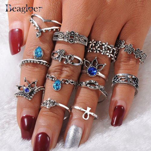 Silver Color Flower Horse Bohemian Punk Female Ring Set