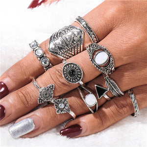 Silver Color Flower Horse Bohemian Punk Female Ring Set