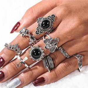 Silver Color Flower Horse Bohemian Punk Female Ring Set