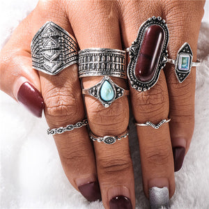 Silver Color Flower Horse Bohemian Punk Female Ring Set