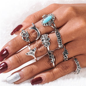 Silver Color Flower Horse Bohemian Punk Female Ring Set