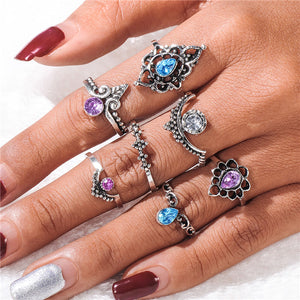 Silver Color Flower Horse Bohemian Punk Female Ring Set