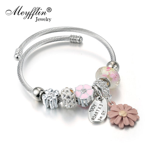 Meyfflin Fashion Silver Color Charm Bracelet & Bangle with Enamel Flower Crystal Ball White Beads Bracelets for Women Bijoux