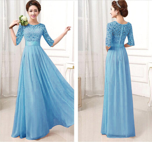 Elegant Floral Lace Chiffon Floor Length Pleated Maxi Dress