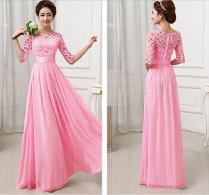 Elegant Floral Lace Chiffon Floor Length Pleated Maxi Dress