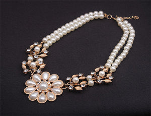 Simulated pearl chain rhinestone crystal flower choker necklace