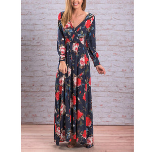 Floral Print Bohemia Lantern Sleeve Boho Beach Dress