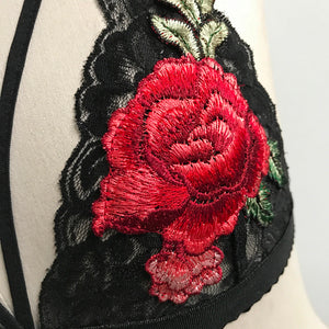 Unpadded  Lace Embroidery Appliques Floral Strappy Bra