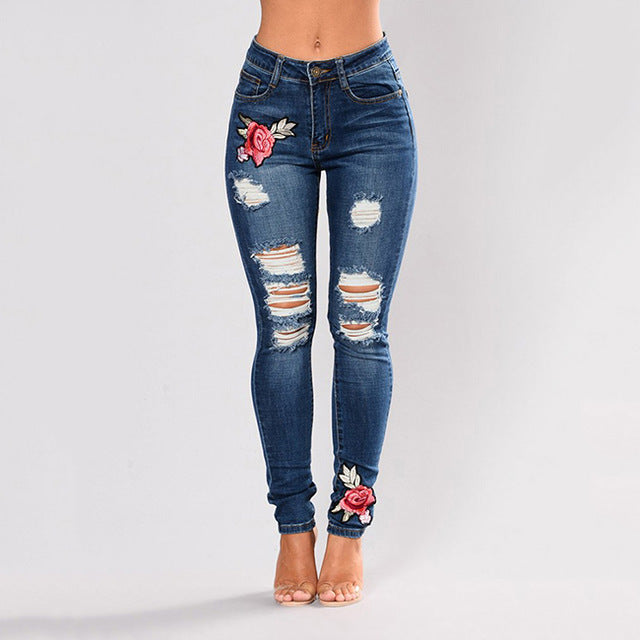 Plus Size Embroidery High Waist Woman Jeans