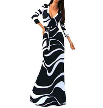 Women's Striped V Neck 3/4 Sleeve High Waist Black Long Maxi Dress with Sashes robe vintage