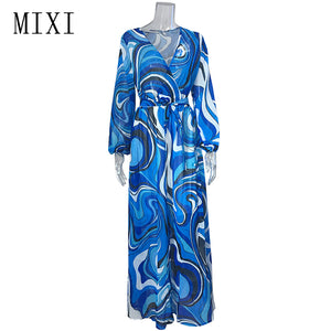 Printed Chiffon V Neck Long Sleeve Belted Dress