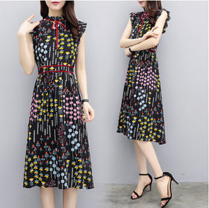 New lace up floral print chiffon dress