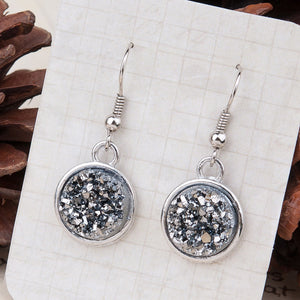 Silver Alloy Dangle Grey Matted Round Resin Patch Earrings