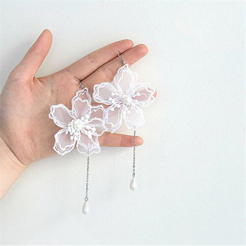 Korean Style Fashion White Flowers Statement Earrings