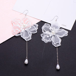 Korean Style Fashion White Flowers Statement Earrings